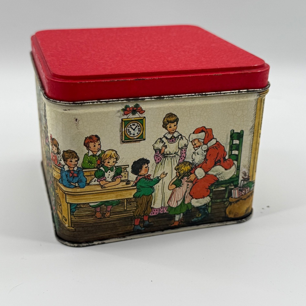 Vintage 80s Christmas Schoolhouse Tin Box Santa Teacher Classroom Decor Santa